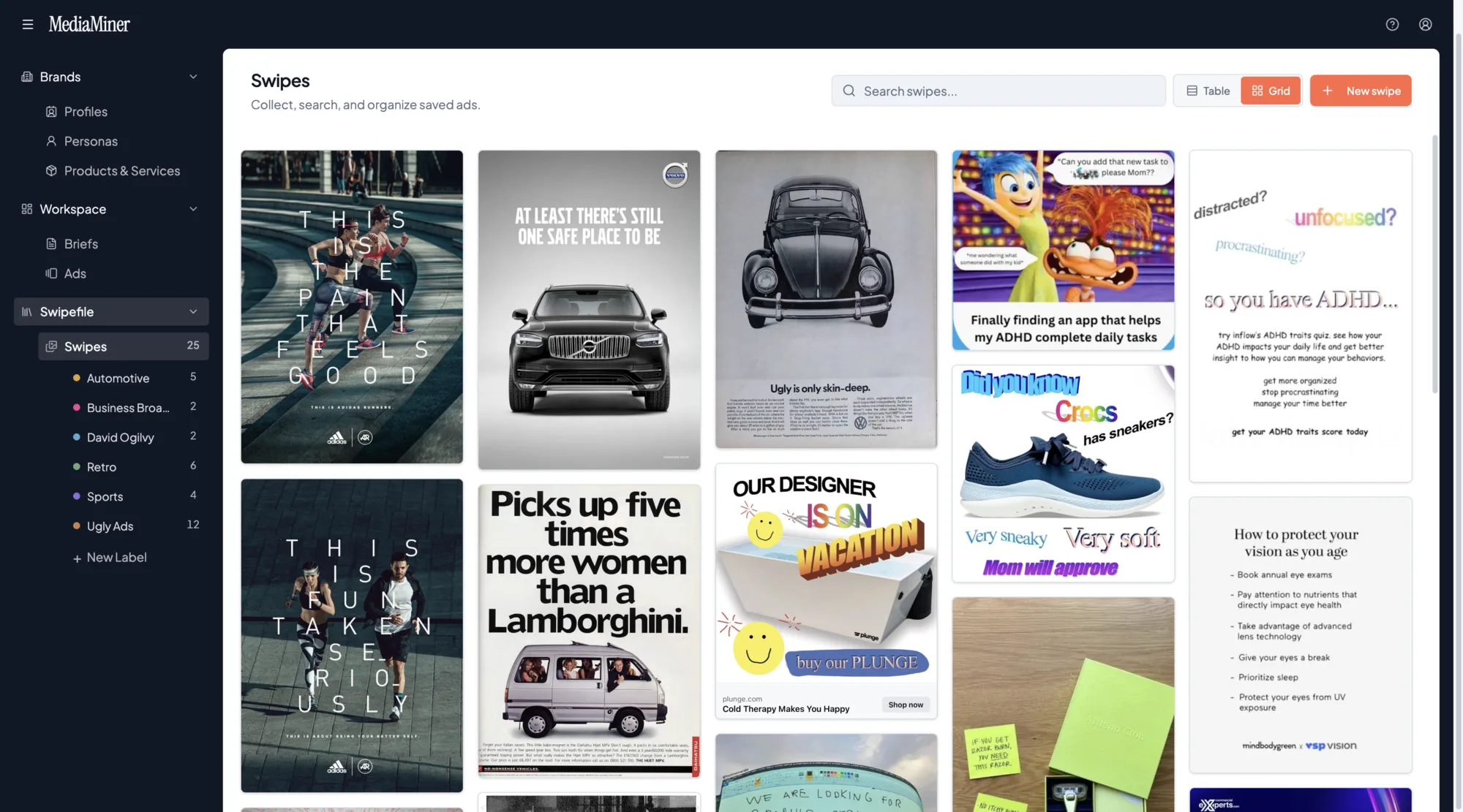 MediaMiner Swipes view showing a large swipe file of saved ad inspiration